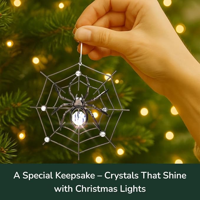 Matashi Black Spider Hanging Ornament for Christmas Tree w Blue, Clear Crystals –Lucky Spider Web Decoration for Tree, Seasonal Decor Holiday Hanging Ornament Gift Inspired by Christmas Spider Legend