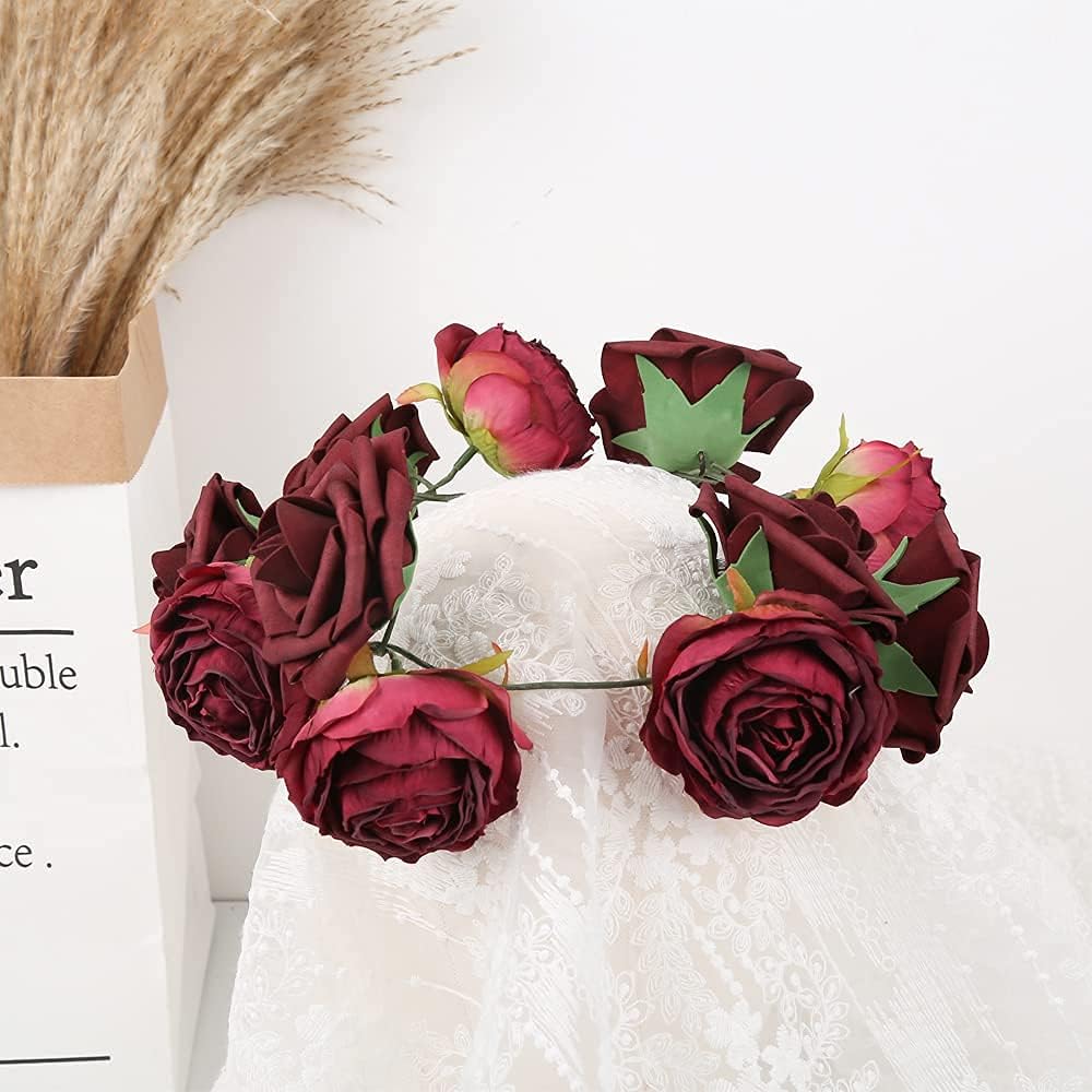 IPOPU Burgundy Flowers Artificial Rose Heads 25pcs Silk Flower Heads Bulk Dried Burgundy Silk Flowers for Artificial Bouquet Wedding Fake Flower Heads for Flower Wall Decor Bridal Shower (Burgundy)