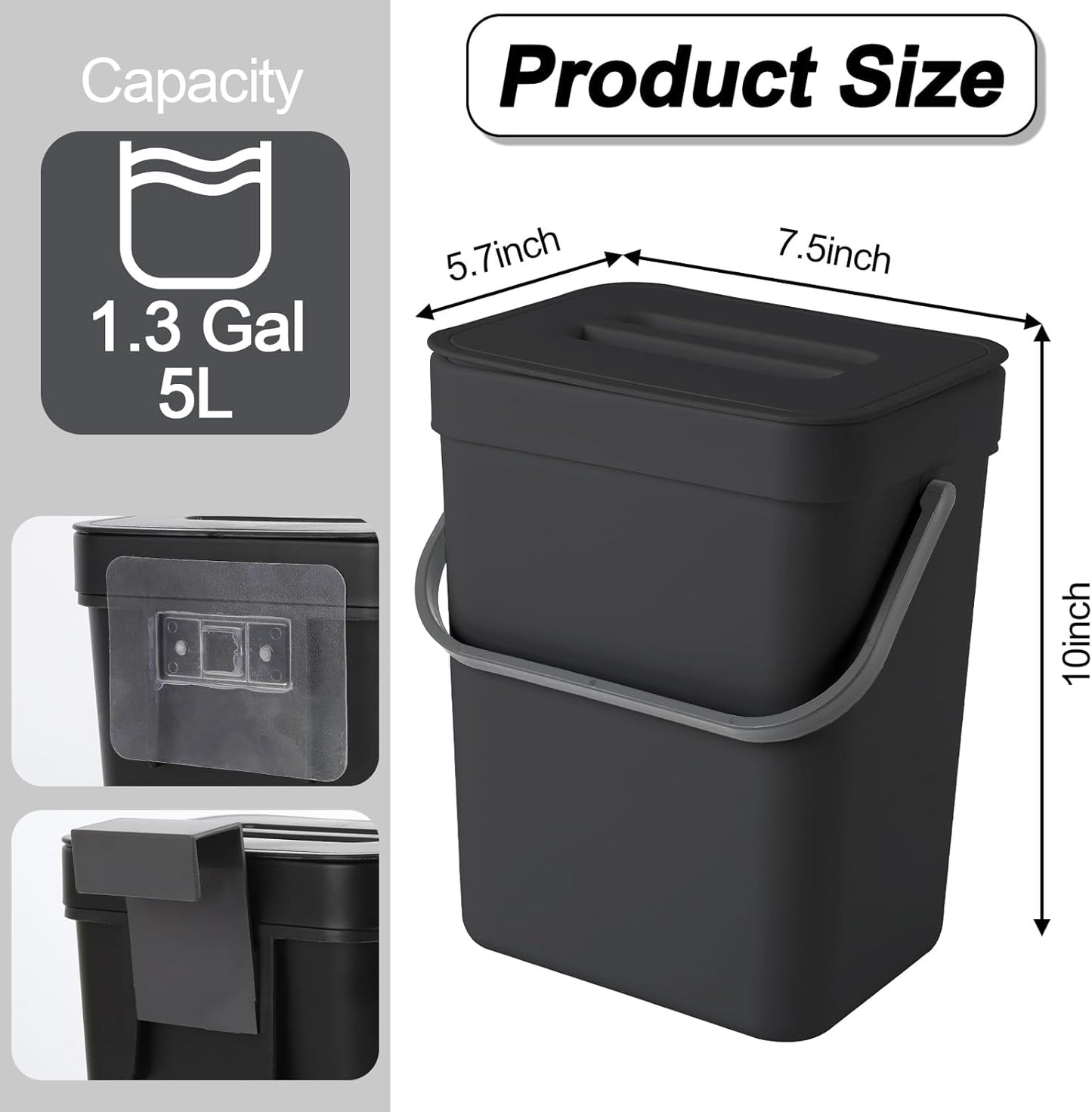 Compost Bin Kitchen, for use on Countertops or Under Sinks, Hanging Trash Can with Lid, for Cupboard/Bathroom/Bedroom/Office/Camping, Mountable Indoor Compost Bucket(Black 1.3 Gallon/5L)