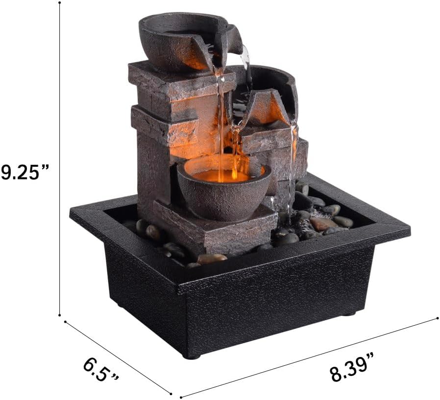 Indoor Fountain 3-Bowl Rockery Soothing Sound Tabletop Fountains Home/Office Decor with Natural River Rocks LED Lights Automatic Watering Pump(22044A)