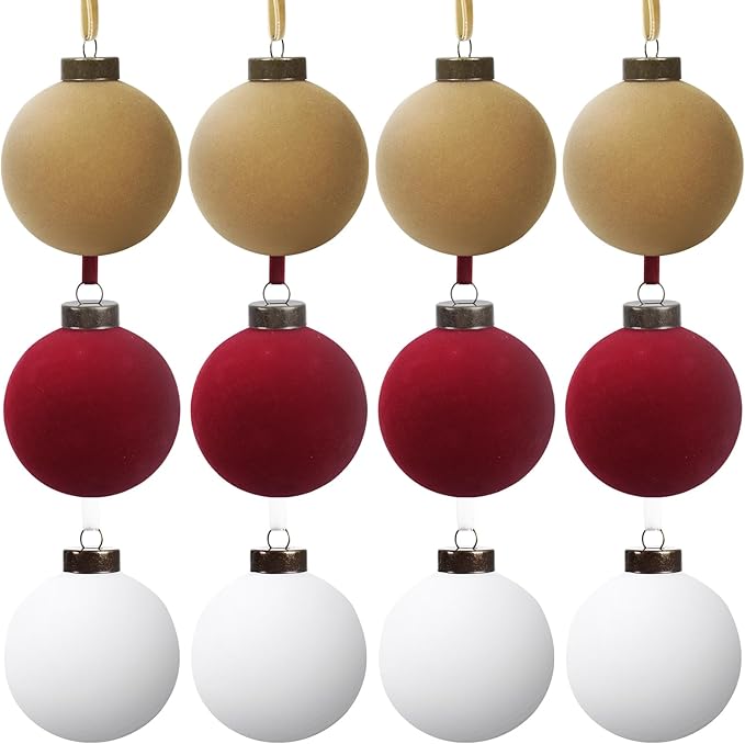12 Pcs Velvet Christmas Balls Bulk Shatterproof Plastic Christmas Tree Decorations for Decorative Hanging Baubles (12, White、Wine red、Khaki, 3.94Inch)