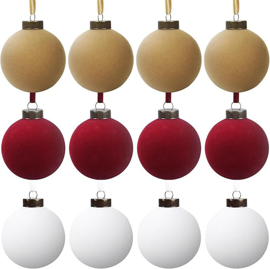 12 Pcs Velvet Christmas Balls Bulk Shatterproof Plastic Christmas Tree Decorations for Decorative Hanging Baubles (12, White、Wine red、Khaki, 3.94Inch)