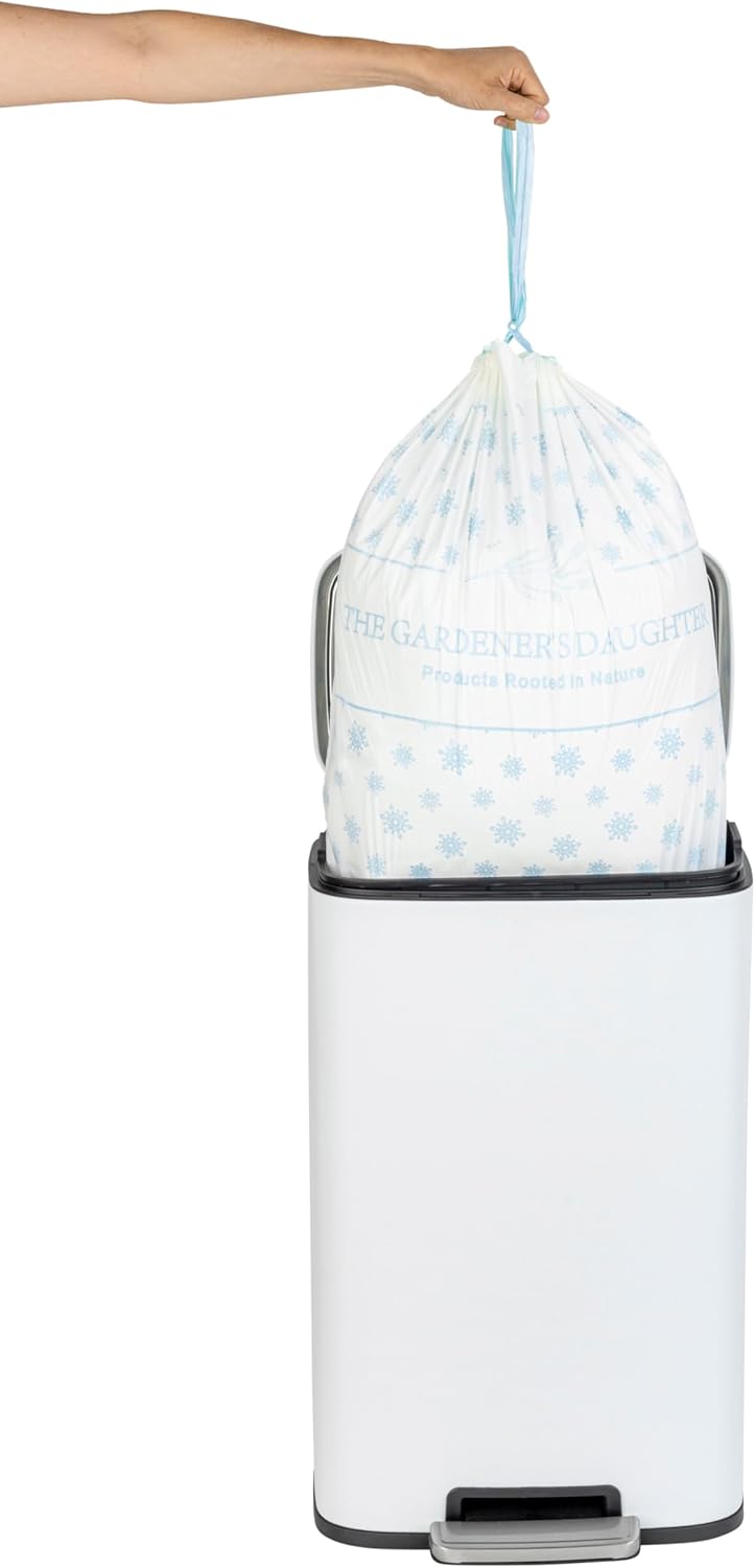 The Gardener's Daughter Compostable Trash Bags - 13 Gallon, 30 Count, Extra Strength, White, Drawstring Kitchen Waste Bag, BPI and TUV Certified, OK Home Compostable - (Winter’s Grace)