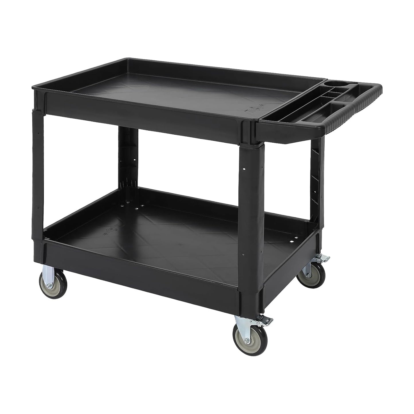 Utility Service Cart 2-Shelf 500 Lbs Capacity, Heavy Duty Rolling Cart with Two Trays and Brake Wheel for Warehouse, Garage, Cleaning, Manufacturing, Storage Handle, 45"X25" Black