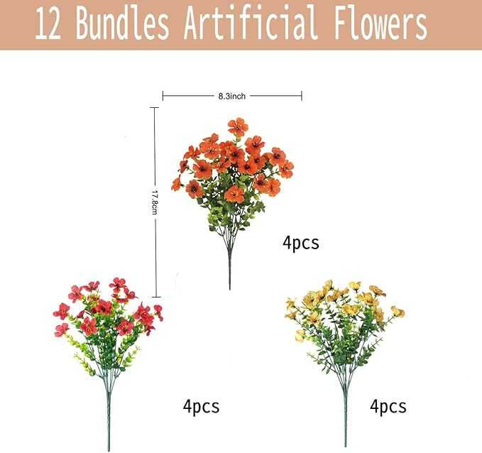 SHIAWASENA Realistic Outdoor Fake Plants Flowers, Artificial Flowers, UV Resistant, 12 Bundles Faux Silk Colorful Violet Flowers Bouquet with Eucalyptus (Yellow & Orange & Red)