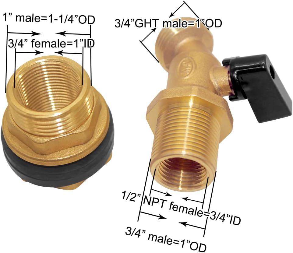 Joywayus Brass Water Container/Rain Barrel Spigot 3/4" Threaded Quarter Turn Ball Valve & 3/4" Female to 1" Male Threaded Bulkhead Fitting Water Tank Connector Fit for Garden Hose