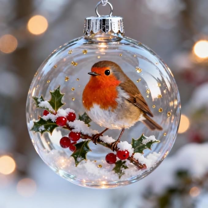 Winter Birds Christmas Glass Bauble Collection, Nature’s Birds Crystal Glass Ornament Set, 2026 Cute Hummingbird Christmas Tree Ornaments, for Xmas Tree Memorial Gifts, Room Decor(Styleb)