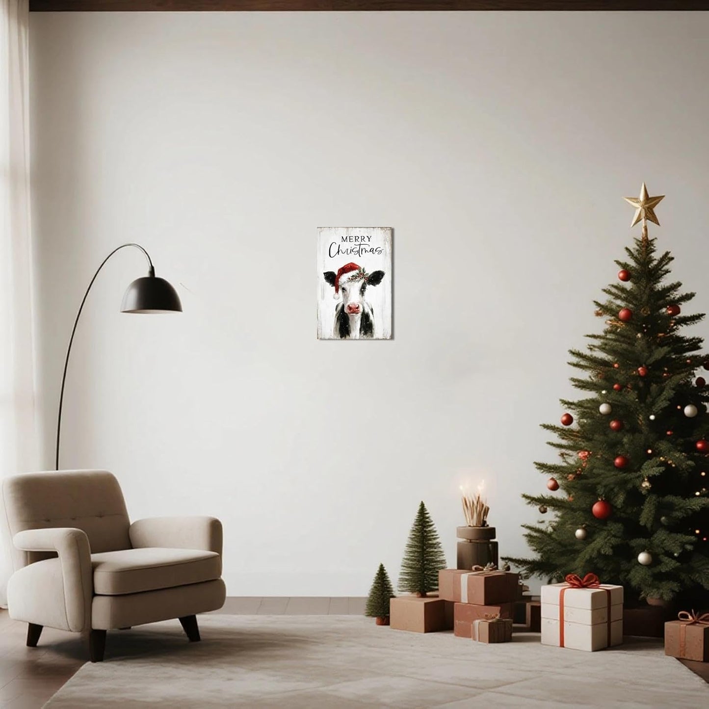 Christmas Cow Canvas Wall Art – Framed Farmhouse Decor for Xmas, Ready to Hang Print Holiday Gifts for Bedroom & Living Room Indoor 10x15 Inch