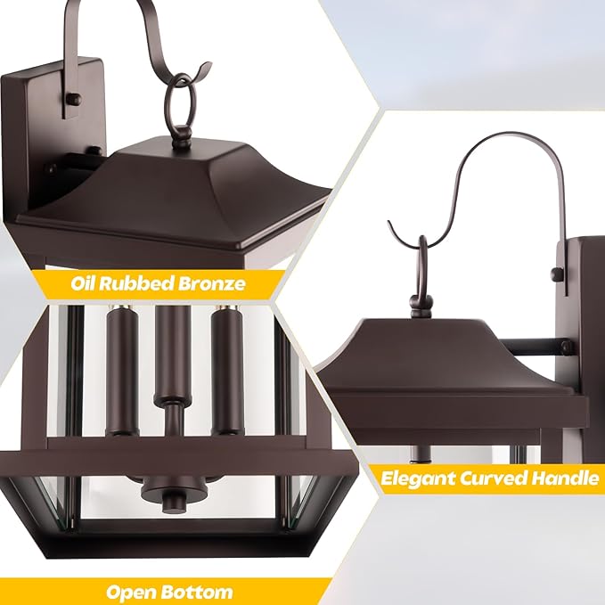 23” Extra Large 3-Light Oil Rubbed Bronze Outdoor Light Fixtures 2 Pack, IP65 Waterproof Vintage Outside Lights for House Brown Front Porch Light Lanterns Exterior Coach Lights, E12