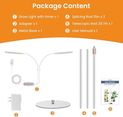 Grow Lights for Indoor Plants with Stand, 2-Heads Full Specturm Plant Grow Light with 4/8/12/16H Timer, 3 Color Modes, 360° Flexible Gooseneck, 24-68.7in Hight Adjustable Plant Growing Lamp