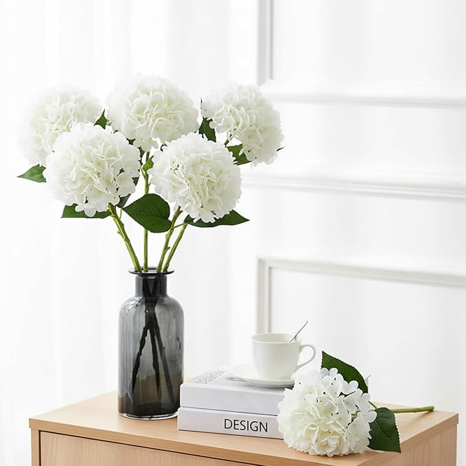 3 Pcs White Hydrangea Artificial Flowers, 19 inch faux hydrangea Flowers Real Touch Flowers, Long Stem Artificial Flower for Tall Vase Home Wedding Bouquets Centerpieces Party Living Room Decoration