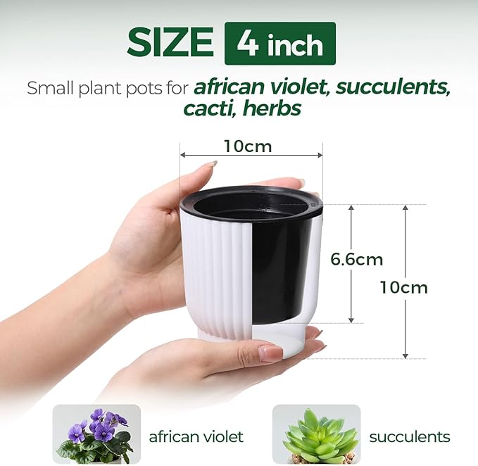 T4U 4 Inch Plant Pots Self Watering, 6 Pack African Violet Pots, Small Plant Pots for Plants, Small Indoor Plant Pot, Self Watering Planter for African Violet, Succulents (6 Pack, 4", White)