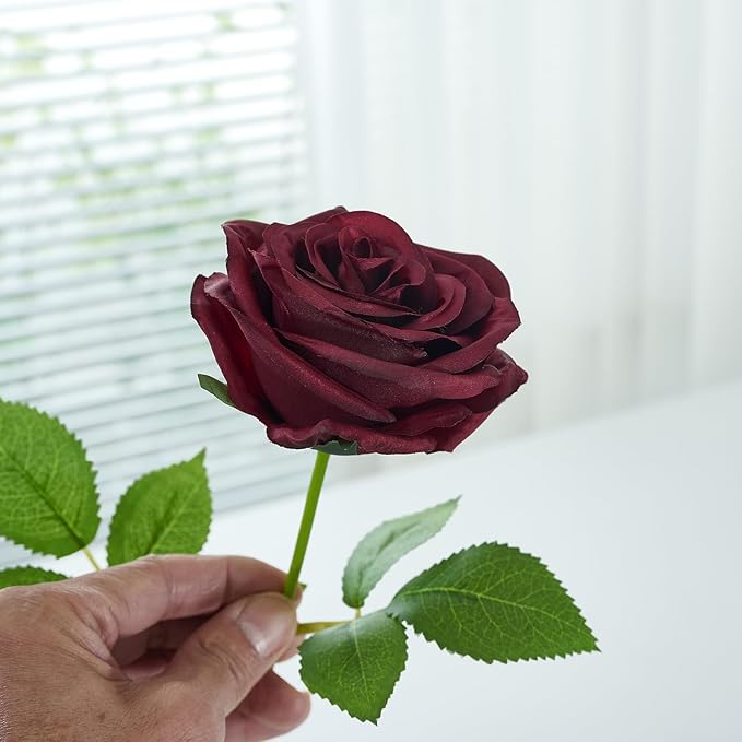 Carlita's Blooms 50pcs Burgundy Rose Artificial Silk Roses, Realistic, Long Lasting, Versatile for Weddings & Parties
