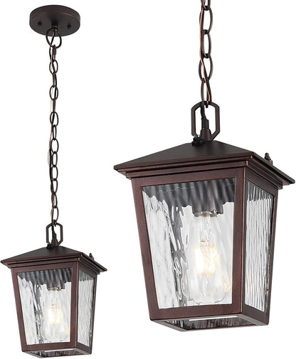 Outdoor Pendant Light, Brown Outdoor Porch Light fixtures with Dusk to Dawn Sensor, Coffee Exterior Hanging Lantern Height Adjustable Outside Chandelier with Water Glass for House Patio Garage