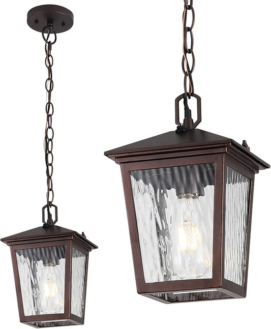 Outdoor Pendant Light, Brown Outdoor Porch Light fixtures with Dusk to Dawn Sensor, Coffee Exterior Hanging Lantern Height Adjustable Outside Chandelier with Water Glass for House Patio Garage