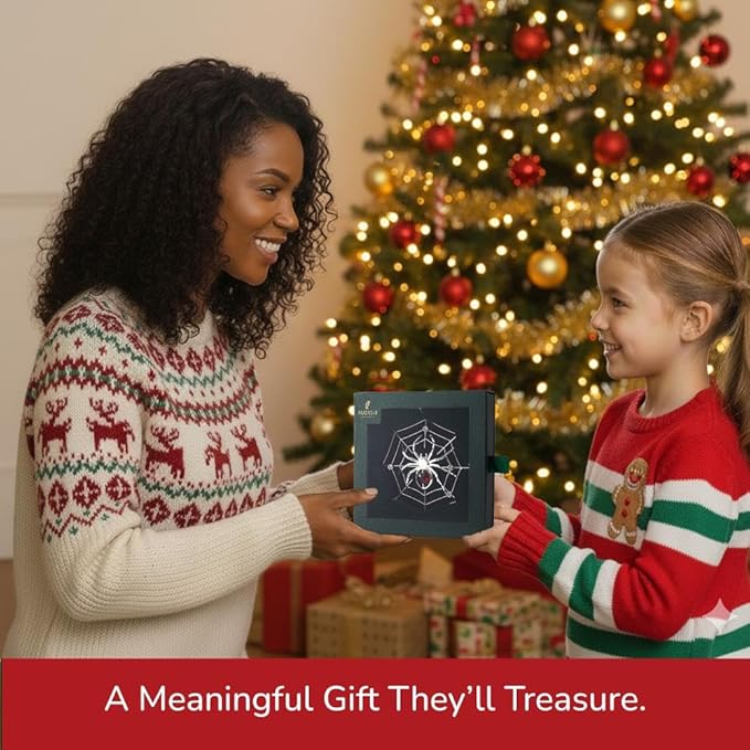 Matashi Silver Plated Christmas Tree Spider Ornament w Red, Clear Crystals Lucky Hanging Decoration, Holiday Ornament Gift, Unique Spider Decor for Christmas & Halloween Party w Tinsel Legend Story