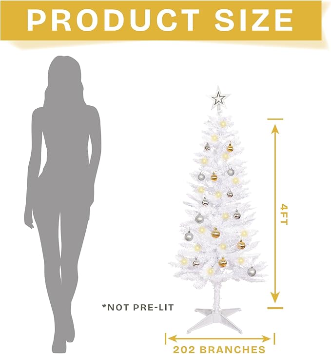 Sunshine White Christmas Tree with Light 4ft Artifical Full Christmas Tree with Ball & Star Ornaments 8 Lighting Modes for Holiday Decor