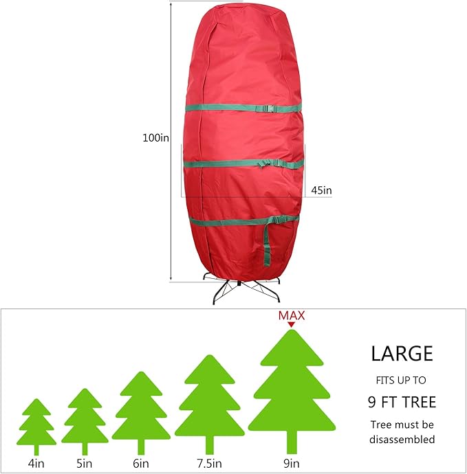 Sattiyrch Upright Christmas Tree Storage Bag,Fits Up to 9 ft Tall Artificial Tree,Heavy Duty 600D Canvas Red Christmas Tree Storage Container with Sleek Zipper and Durable Handles (9 FT)