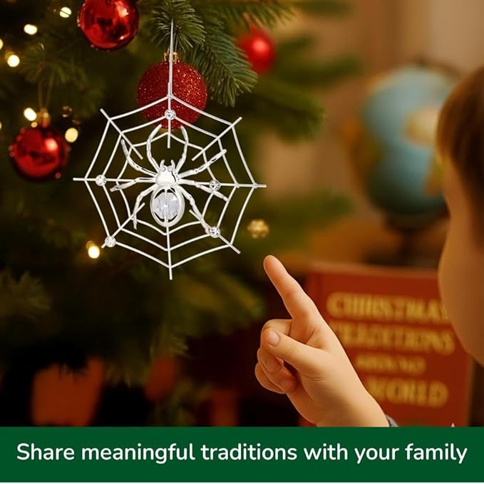 Matashi Silver Plated Christmas Tree Spider Ornament w Clear Crystals Lucky Hanging Decoration, Holiday Ornament Gift, Unique Spider Decor for Christmas & Halloween Party w Tinsel Legend Story