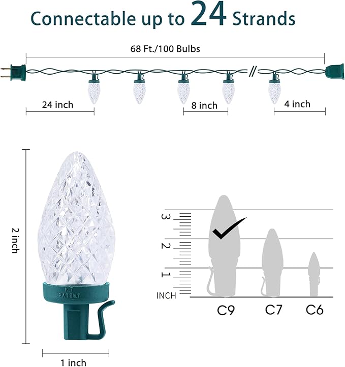 C9 LED Christmas Lights Outdoor, 68 Feet 100 LED Strawberry String Lights with 100 Spring Clamps, Waterproof Commercial Grade Extendable for Outside Roofline Patio Home Xmas Decoration, Pure White