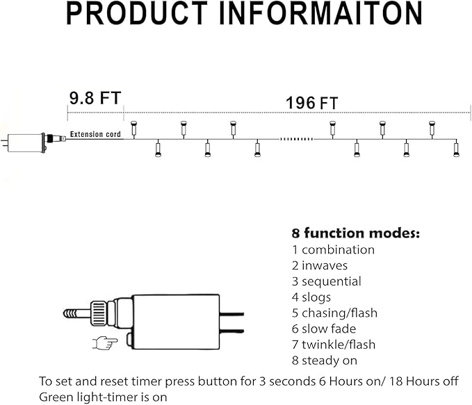 Dazzle Bright Christmas String Lights, 600 LED 196 FT Waterproof Green Wire String Lights with 8 Lighting Modes Timer, Christmas Decorations Outdoor for Party Yard Garden Xmas Tree Decor, Warm White