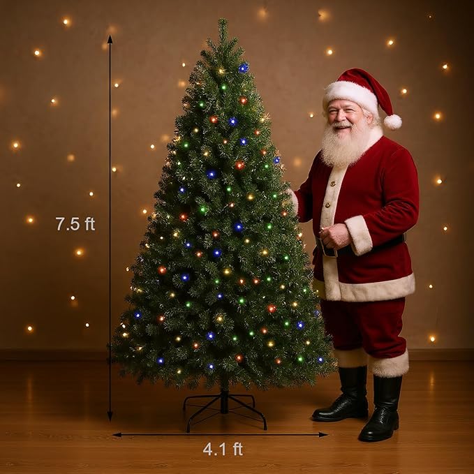 Himimi 7.5 ft Christmas Tree Prelit, Full Artificial Tree with Multicolor Lights, PVC Leaves 1346 Tips, 450 RGB Lights, Easy Assembly, Metal Stand and Premium Hinged Branches