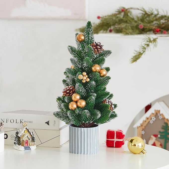 Classic Small Christmas Tree Table Decor - Mini Tabletop Artificial Tree Indoor Christmas Holiday Centerpiece for Desktop Home Office Bedroom Decor Gift(Gold Pine)