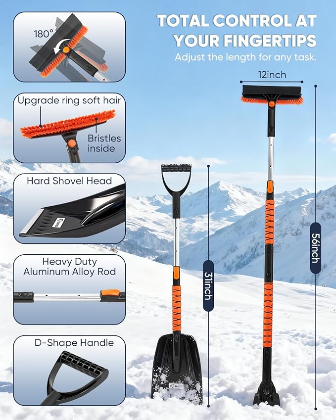Saker Upgraded 56'' Car Snow Brush and Ice Scraper,6-in-1 Aluminum Snow Shovel Snow Broom with Foam Grip 180° Pivoting Brush Head,Durable Snow Scraper for Cars,SUVs,Trucks