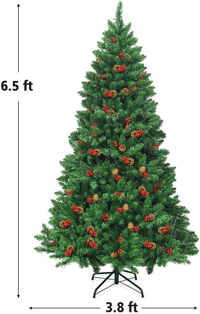 Happygrill 6.5FT Pre-Lit Christmas Tree with Sturdy Metal Stand Artificial Xmas Tree with Pine Cones and Red Berries