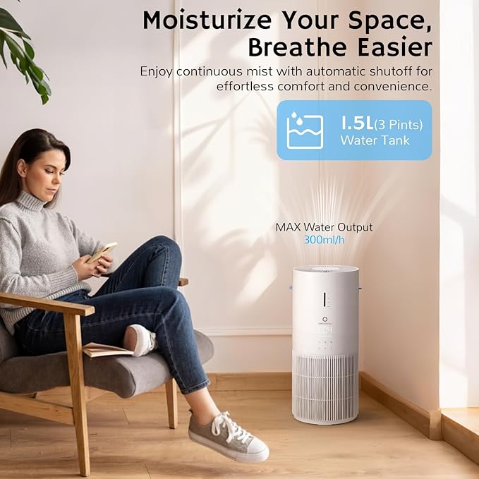 Airthereal 2-in-1 Air Purifier and Humidifier Combo for Large Room up to 1325 ft², 3-Stage Filters, Air Quality Monitor and Quiet Sleep Mode, Evaporative Humidifier with Auto Humidity Monitor, AEH300