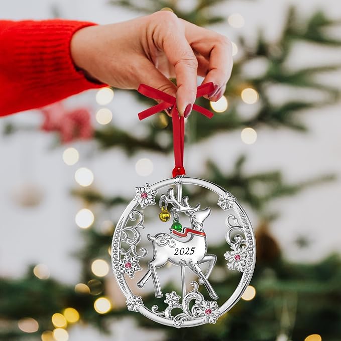 Christmas Tree - 2025 Rotation Reindeer Hanging Ornaments Pendant of Car Charm Holiday Keepsake Gift Home Decor (Reindeer Silver (2025))