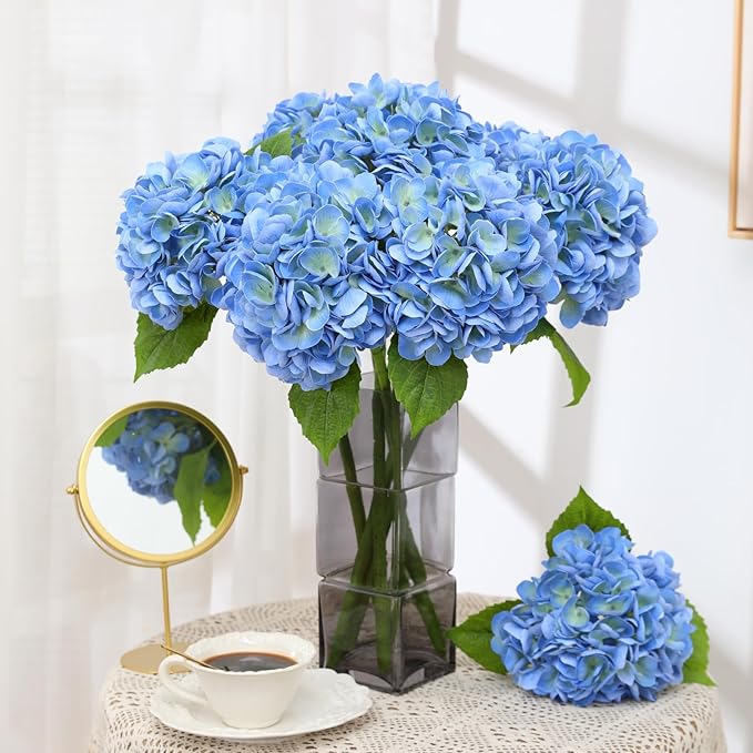 Nubry 22.44In Blue Hydrangea Artificial Flowers,4Pcs Latex Faux Real Touch Large Hydrangea Flowers with Long Stems & Leaves for Home Office Decor Wedding Party Arrangements(Blue)