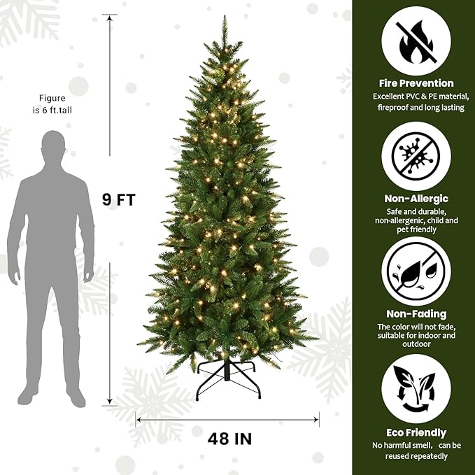 9ft Pre-Lit Artificial Pencil Green Christmas Tree with Warm White 650 LED Lights, Hinged Realistic Slim Xmas Tree w/Sturdy Metal Stand, 2152 Tips for Home, Office, Party Decoration Indoor