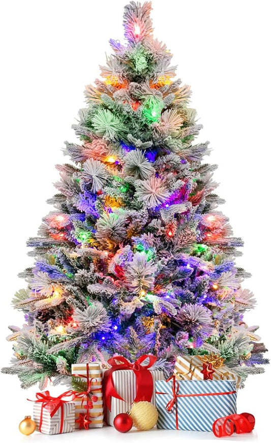 HAPPYGRILL 4.5 FT Pre-lit Artificial Christmas Tree, Snow-Flocked Xmas Tree with 160 Multi-Color LED Lights, 8 Lighting Modes, 472 Branch Tips, Pine Needles, Hinged Tree for Home Office Party