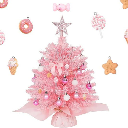 Wangchao Craft 20" Mini Pink Christmas Tree Table Top Artificial Xmas Tree Small Christmas Tree with Lights, Star Treetop and Balls, Tabletop for Girls Rooms