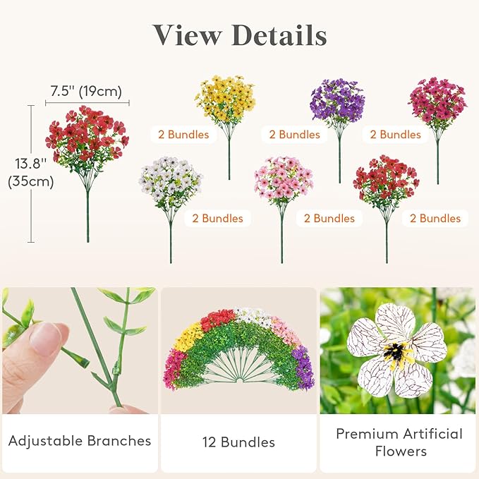 Lifewit Artificial Flowers for Outdoor Indoor, 12 Bundles Plastic Fake Flowers Daisy with Eucalyptus Leaves for Home Garden Decor, Porch, Window Box(Mix for Fuchsia Purple White Pink Yellow Red)