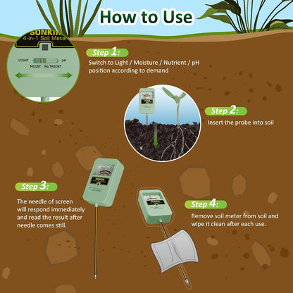 Soil Moisture Meter, 4-in-1 Soil Ph Meter, Soil Tester for Nutrients, Moisture, PH and Light, Soil Ph Test Kits for Plant, Great for Garden, Indoor & Outdoor Use (No Battery Required), Green
