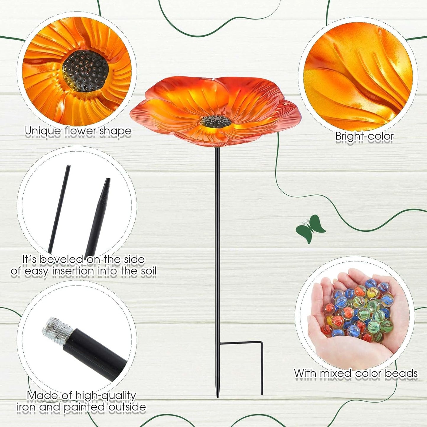 Tandefio Vivid Flower Bee Watering Station Metal Butterfly Water Feeder Cup with 30 Colorful Glass Marbles Bee Feeder Butterfly Bath Bowl for Garden Outdoor Yard Decors(Golden Brown,Flower)