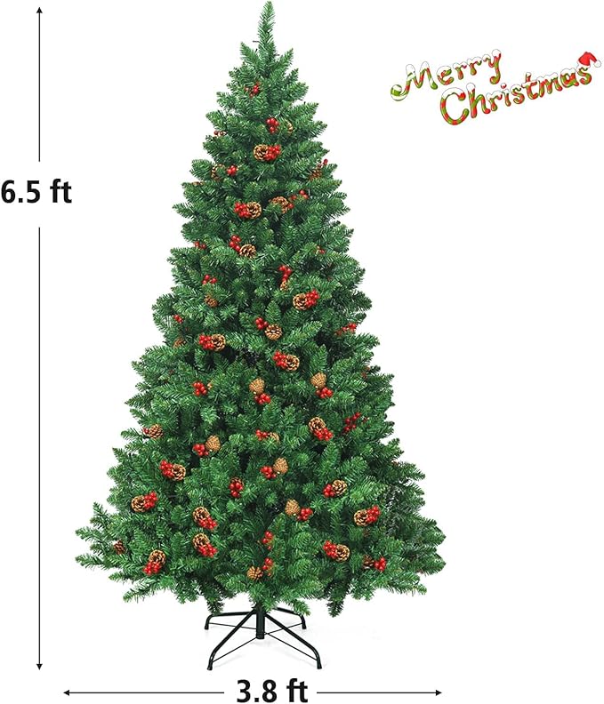 Happygrill 6.5 Feet Christmas Tree with Sturdy Metal Stand Artificial Xmas Tree with Pine Cones Red Berries