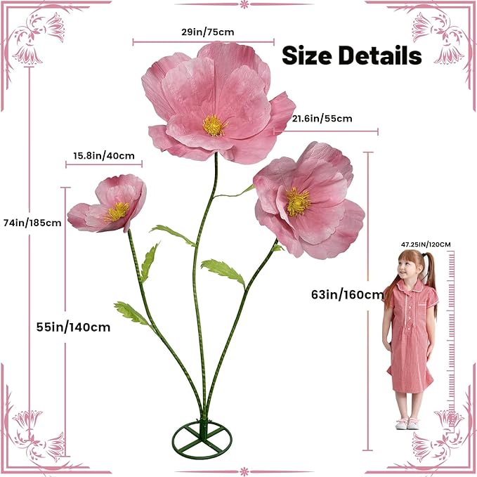 3Pcs Giant Flowers for Decoration, Large Artificial Flower Indoor Outdoor Decor Waterproof Paper Flowers for Wedding Reception Birthday Graduation Party Backdrop Decor Shop Window Display (Pink)