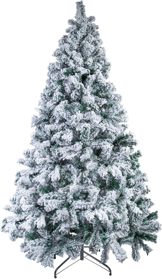 6Ft Snow Christmas Tree, Flocked Christmas Tree, White and Green Christmas Tree with 700 Tips, Solid Metal Legs for Indoor Outdoor 1.8m