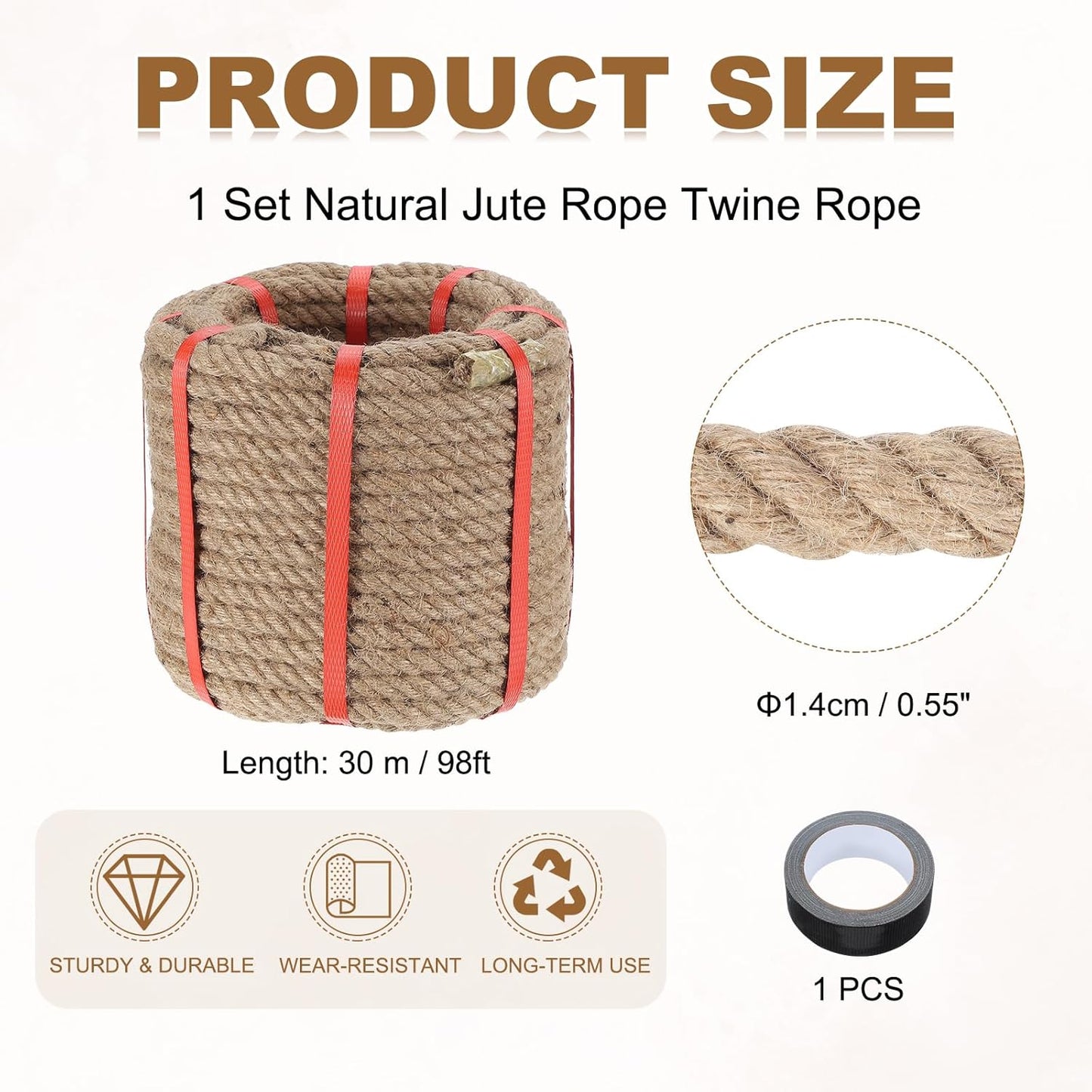 MECCANIXITY Jute Rope 0.55 Inch x 98ft, Thick Twine Rope Ropes Braided Jute Twine Natural Brown Burlap Cord String Heavy Twisted with Tape for Decorative Crafts Railing Swing Tug of War