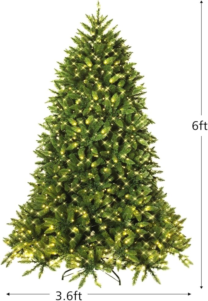 Goplus 6ft Pre-Lit Christmas Tree, Premium Hinged Artificial Fir Tree with 650 LED Lights, 1250 Branch Tips and Metal Stand, Easy Assemble, Xmas Decor for Home Office