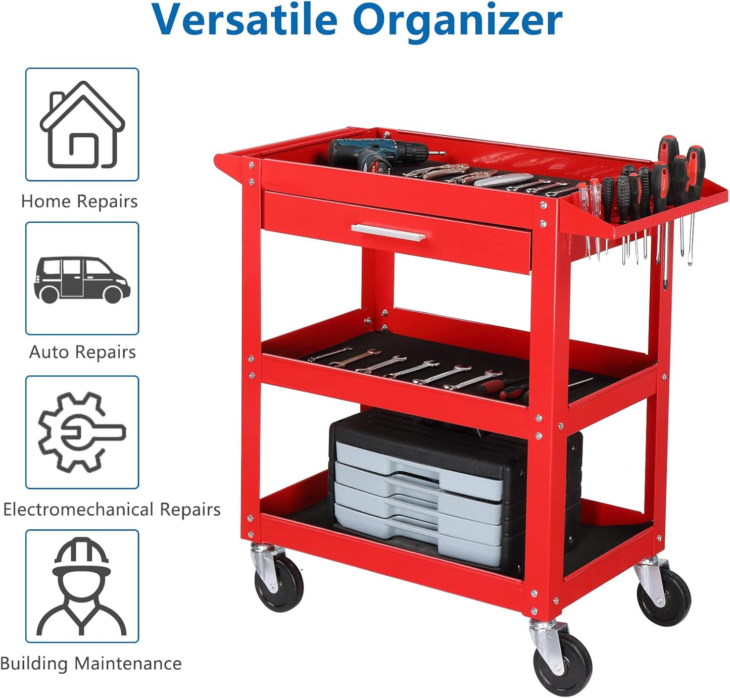 TUFFIOM 3 Tier Rolling Tool Cart with Drawer, Tool Service Cart on Wheels w/2 Brake, 330 LBS Capacity Industrial Heavy Duty Utility Cart, Tool Organizer for Mechanic, Garage, Warehouse & Repair Shop