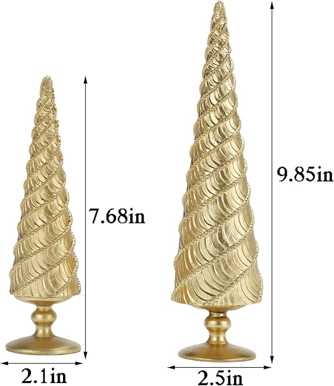2Pcs Christmas Tree Figurines, Gold Resin Christmas Trees with Spiral Design, Small Decorative Tabletop Trees for Mantel, Modern Holiday Home Decor for Living Room, Office, Shelf, Festive Centerpiece