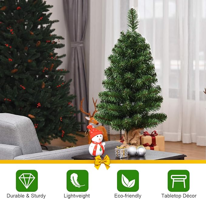 GOFLAME 3ft Mini Artificial Christmas Tree, Tabletop Spruce Christmas Tree with New PVC Material and Cement Base, Perfect for Indoor Decoration