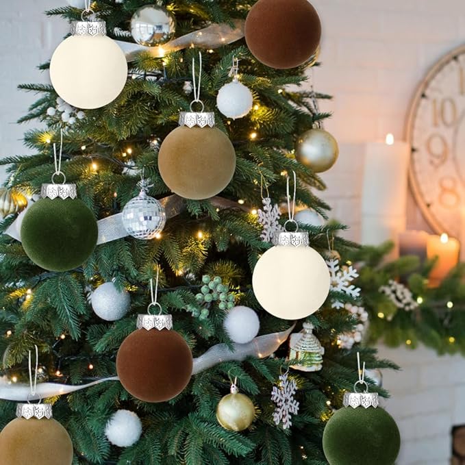 YUJUN 12 PCS Christmas Large Velvet Balls Ornaments 3.14In Shatterproof White Green Tree Hanging Plastic Ball Set Xmas Bulk Flocked Ornaments for Christmas Tree Home Party Wreath Decorations