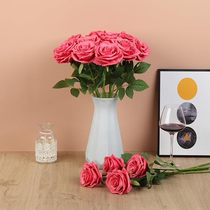 15pcs Fake Roses Artificial Silk Flowers Faux Rose Flower Long Stems Bouquet for Arrangement Wedding Centerpiece Party Home Kitchen Decor