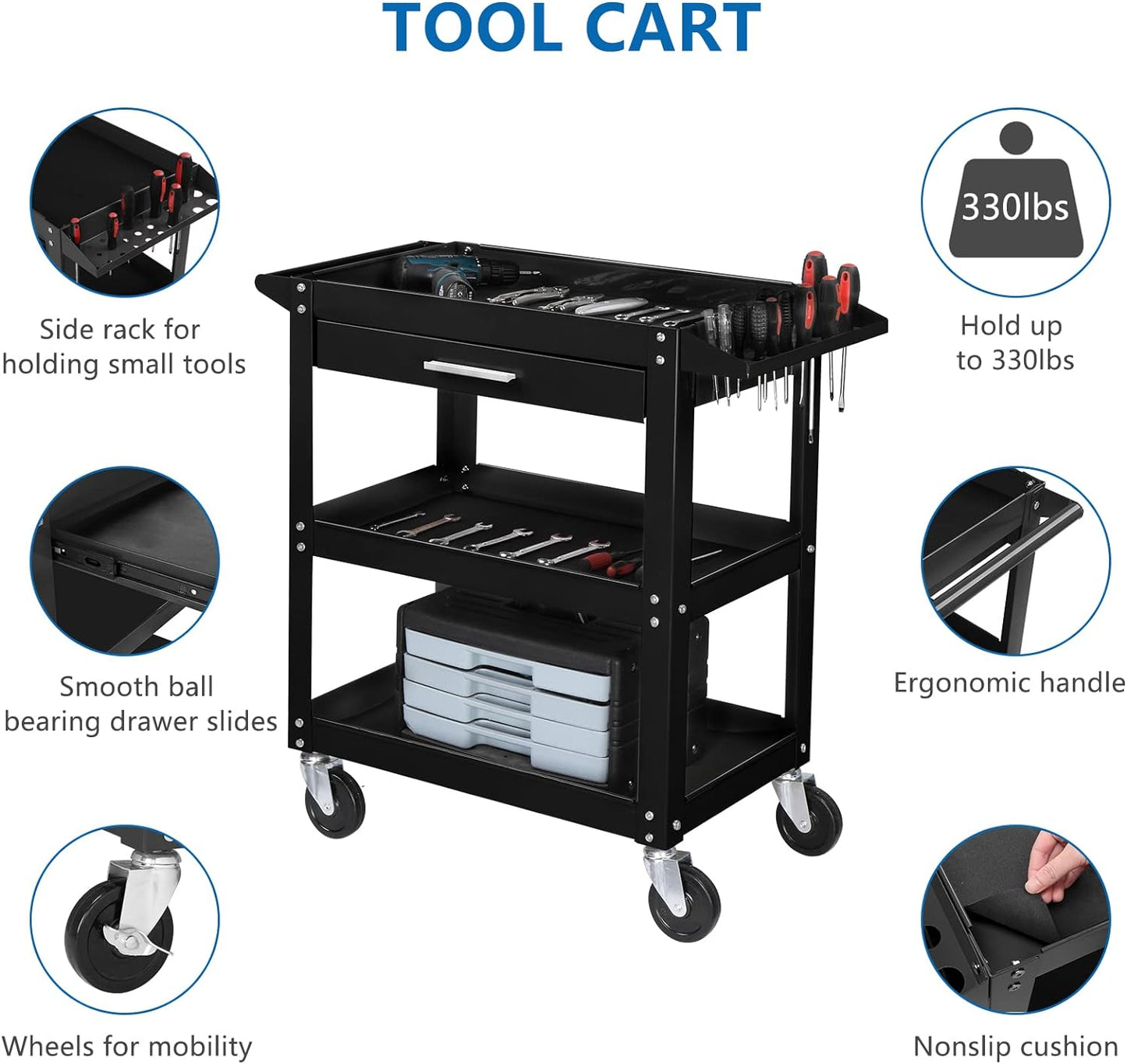 TUFFIOM 3 Tier Rolling Tool Cart with Drawer, Tool Service Cart on Wheels w/2 Brake, 330 LBS Capacity Industrial Heavy Duty Utility Cart, Tool Organizer for Mechanic, Garage, Warehouse & Repair Shop