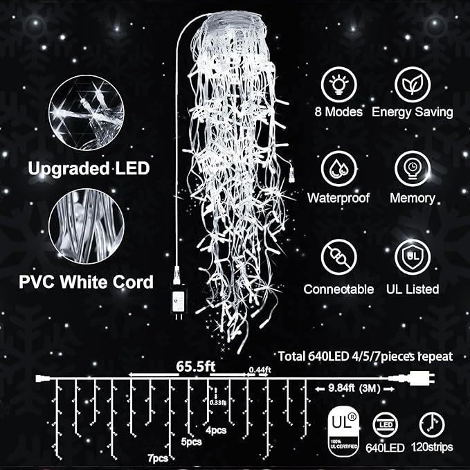 65 FT 640 LED Christmas Lights Outdoor Decorations Clear Wire String Lights Plug in 120 Drops 8 Modes Memory Timer Connectable Curtain Fairy Lights Waterproof for Holiday Wedding Party-Cool White